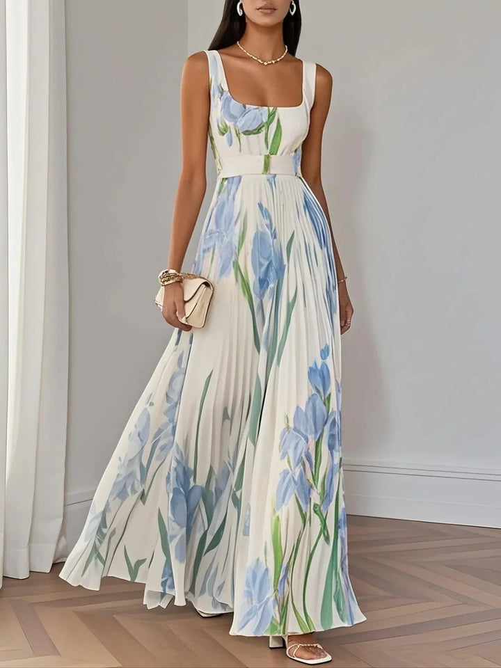 Floral square neck pleated maxi dress for women -5
