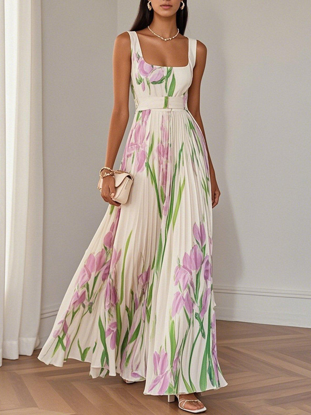Floral square neck pleated maxi dress for women -1