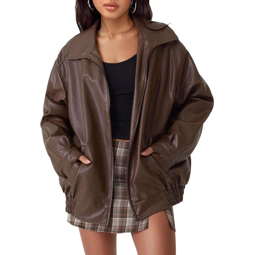 Delavine | Women's Oversized Faux Leather Bomber Jacket