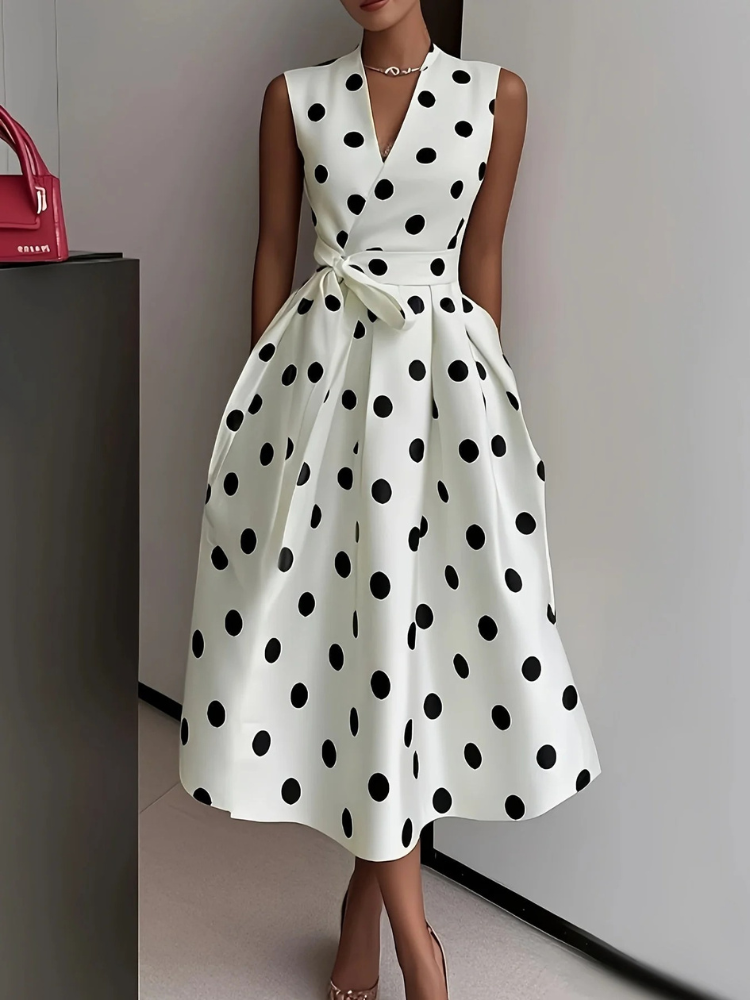 Classic polka dot wrap midi dress for women -1
