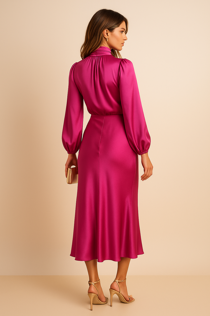 Selavine | Women's Satin High Neck Long Sleeve Midi Dress
