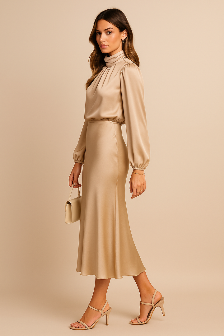 Selavine | Women's Satin High Neck Long Sleeve Midi Dress