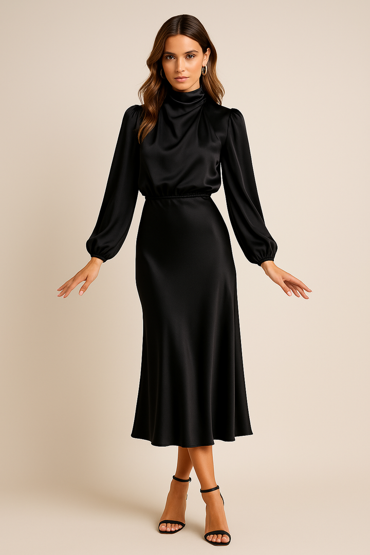 Selavine | Women's Satin High Neck Long Sleeve Midi Dress