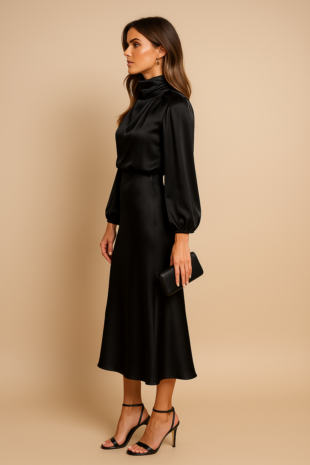 Selavine | Women's Satin High Neck Long Sleeve Midi Dress
