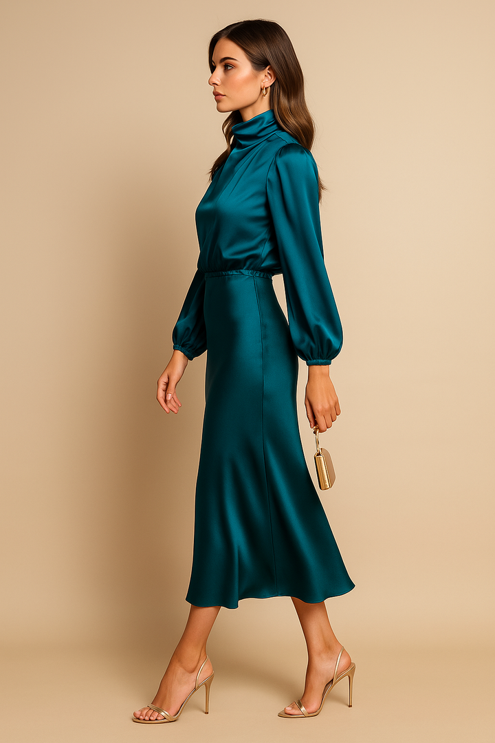Selavine | Women's Satin High Neck Long Sleeve Midi Dress