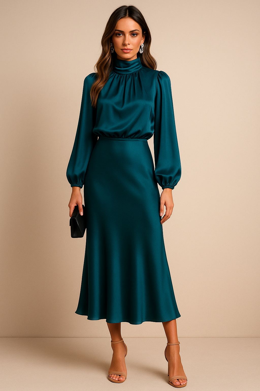 Selavine | Women's Satin High Neck Long Sleeve Midi Dress