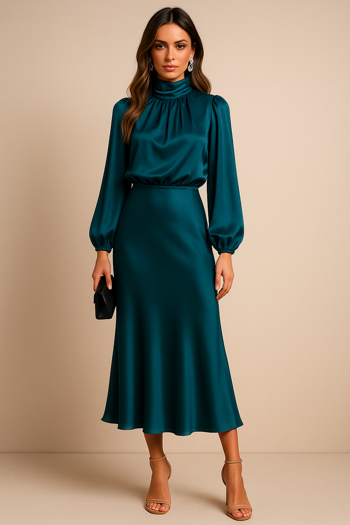 Selavine | Women's Satin High Neck Long Sleeve Midi Dress