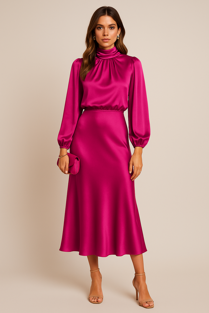 Selavine | Women's Satin High Neck Long Sleeve Midi Dress