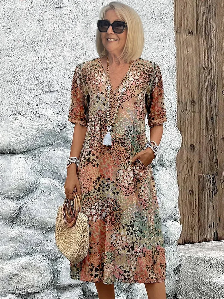 Virella | Women's Patterned V Neck Midi Dress with Pockets