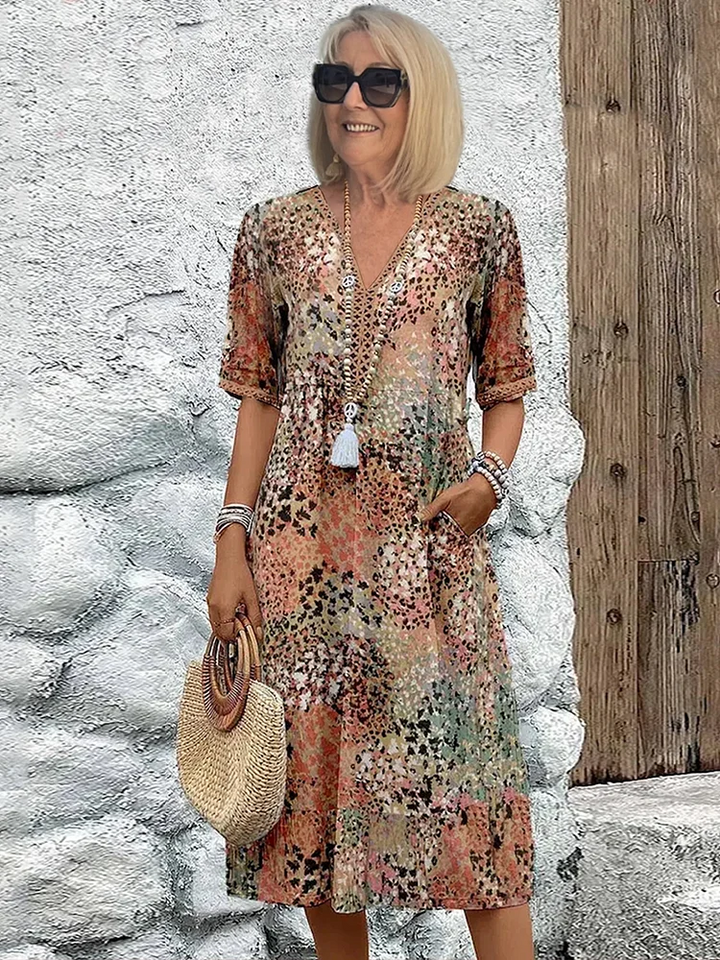 Virella | Women's Patterned V Neck Midi Dress with Pockets