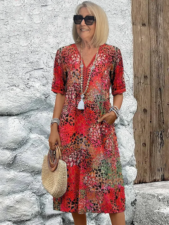 Virella | Women's Patterned V Neck Midi Dress with Pockets