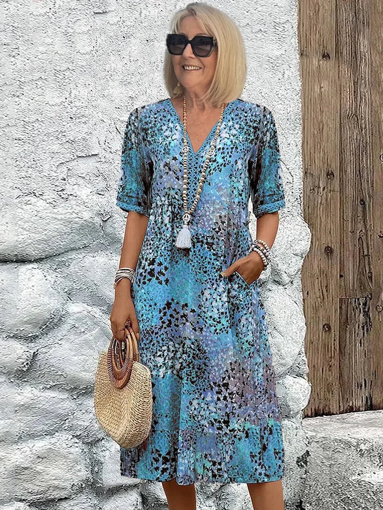 Virella | Women's Patterned V Neck Midi Dress with Pockets