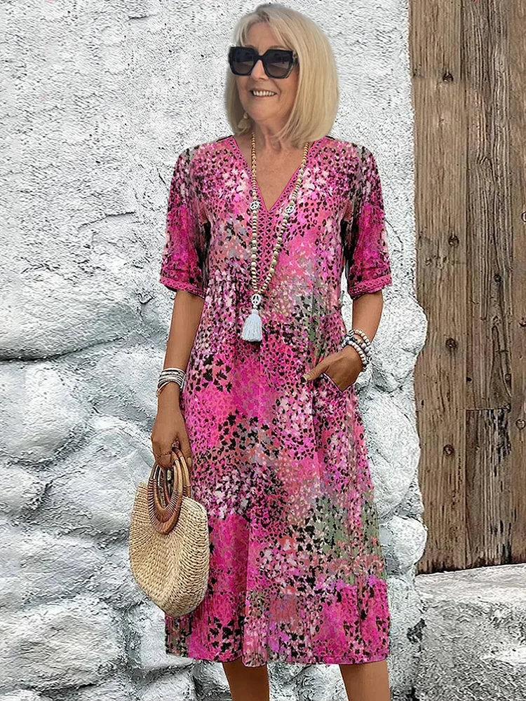 Virella | Women's Patterned V Neck Midi Dress with Pockets
