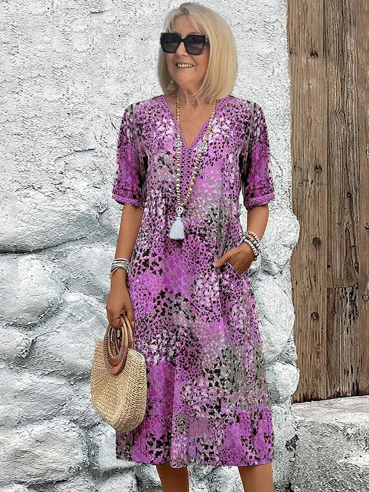 Virella | Women's Patterned V Neck Midi Dress with Pockets