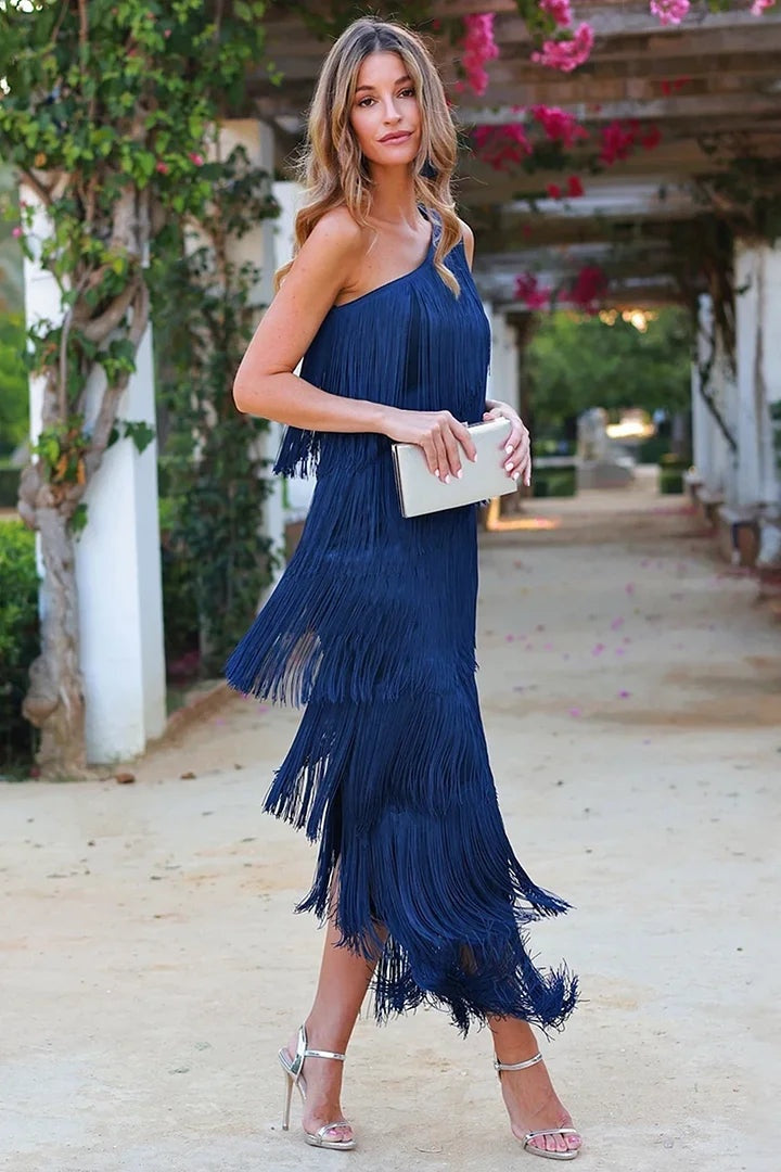 Kate | Women's One Shoulder Fringe Knit Maxi Dress