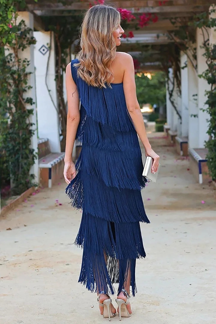 Kate | Women's One Shoulder Fringe Knit Maxi Dress