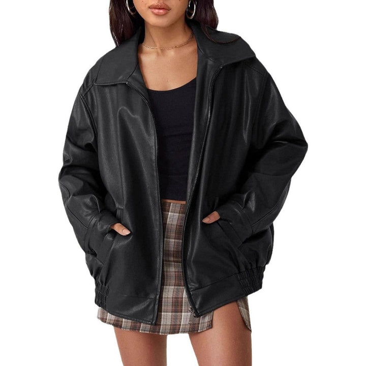 Delavine | Women's Oversized Faux Leather Bomber Jacket