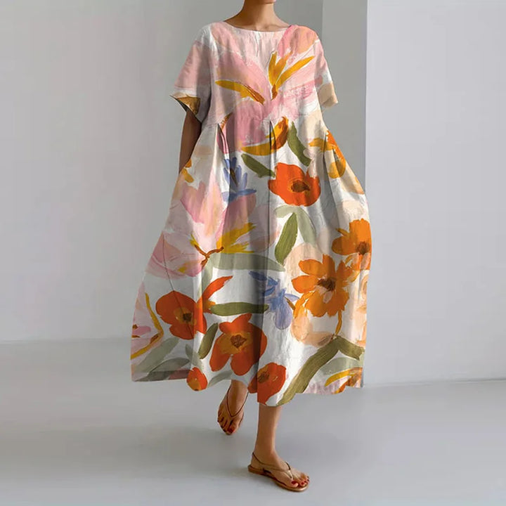 Rena | Women's Floral A Line Midi Dress with Short Sleeves