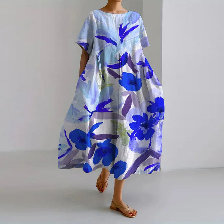 Rena | Women's Floral A Line Midi Dress with Short Sleeves
