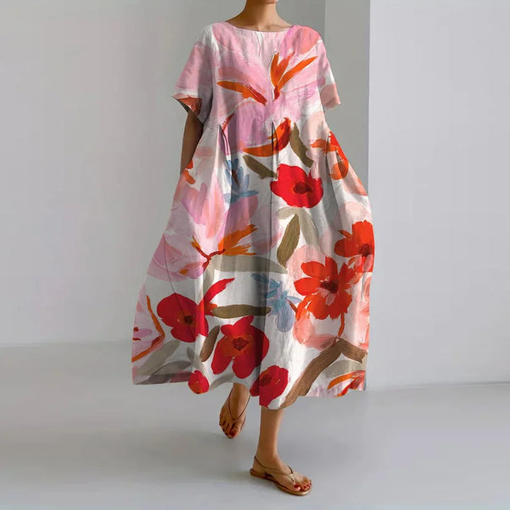 Rena | Women's Floral A Line Midi Dress with Short Sleeves