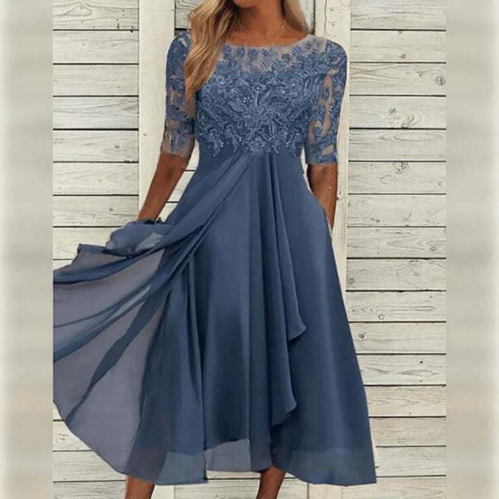 Embroidered bodice flowing midi dress for women -4