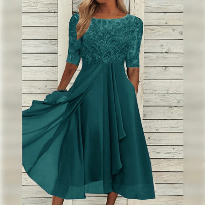 Embroidered bodice flowing midi dress for women -7