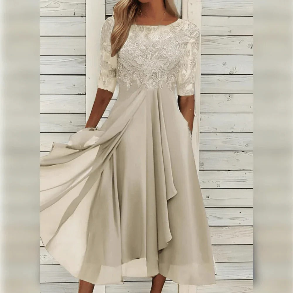 Embroidered bodice flowing midi dress for women -8