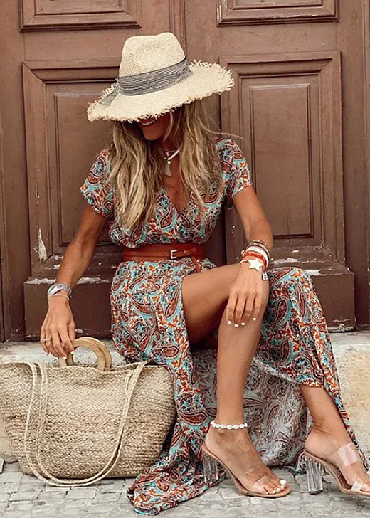 Solvienne | Women's Printed Boho Belted Maxi Dress