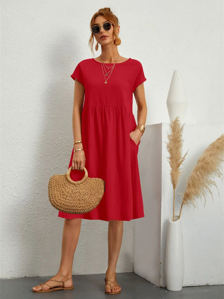 Clara | Women's A Line Midi Dress with Short Sleeves and Pockets