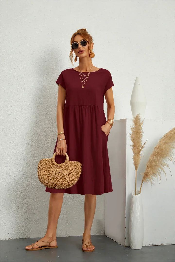 Clara | Women's A Line Midi Dress with Short Sleeves and Pockets