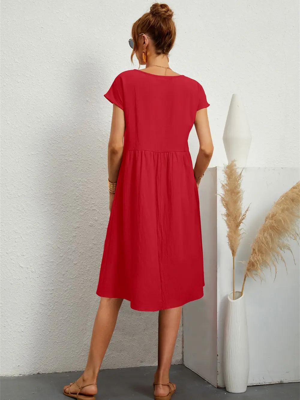Clara | Women's A Line Midi Dress with Short Sleeves and Pockets