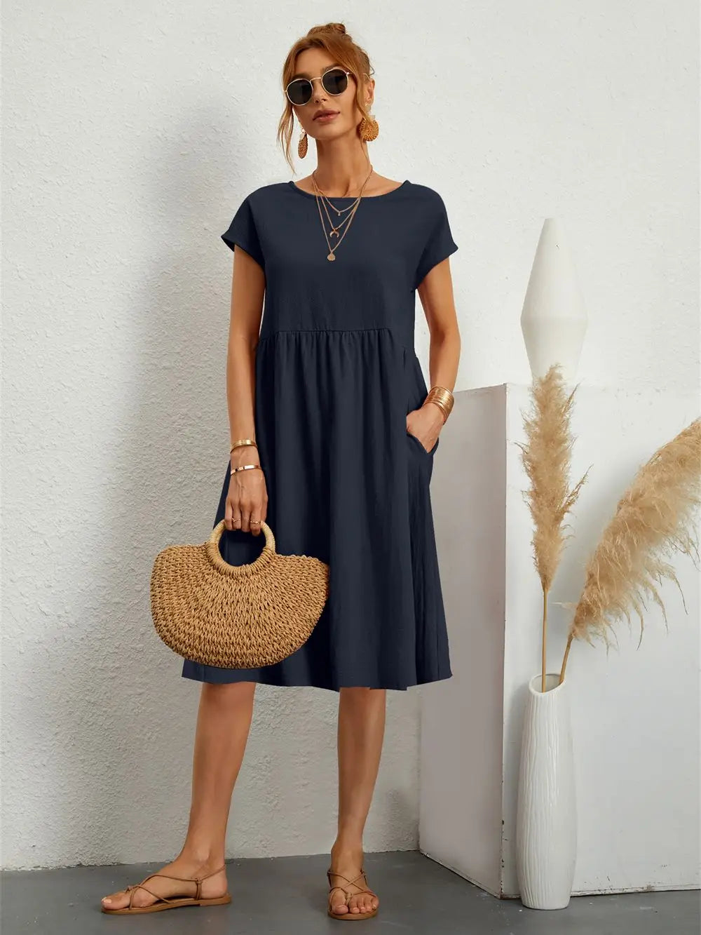 Clara | Women's A Line Midi Dress with Short Sleeves and Pockets