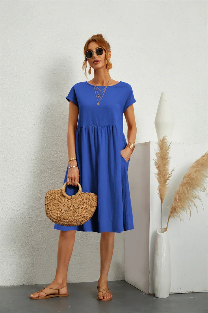 Clara | Women's A Line Midi Dress with Short Sleeves and Pockets