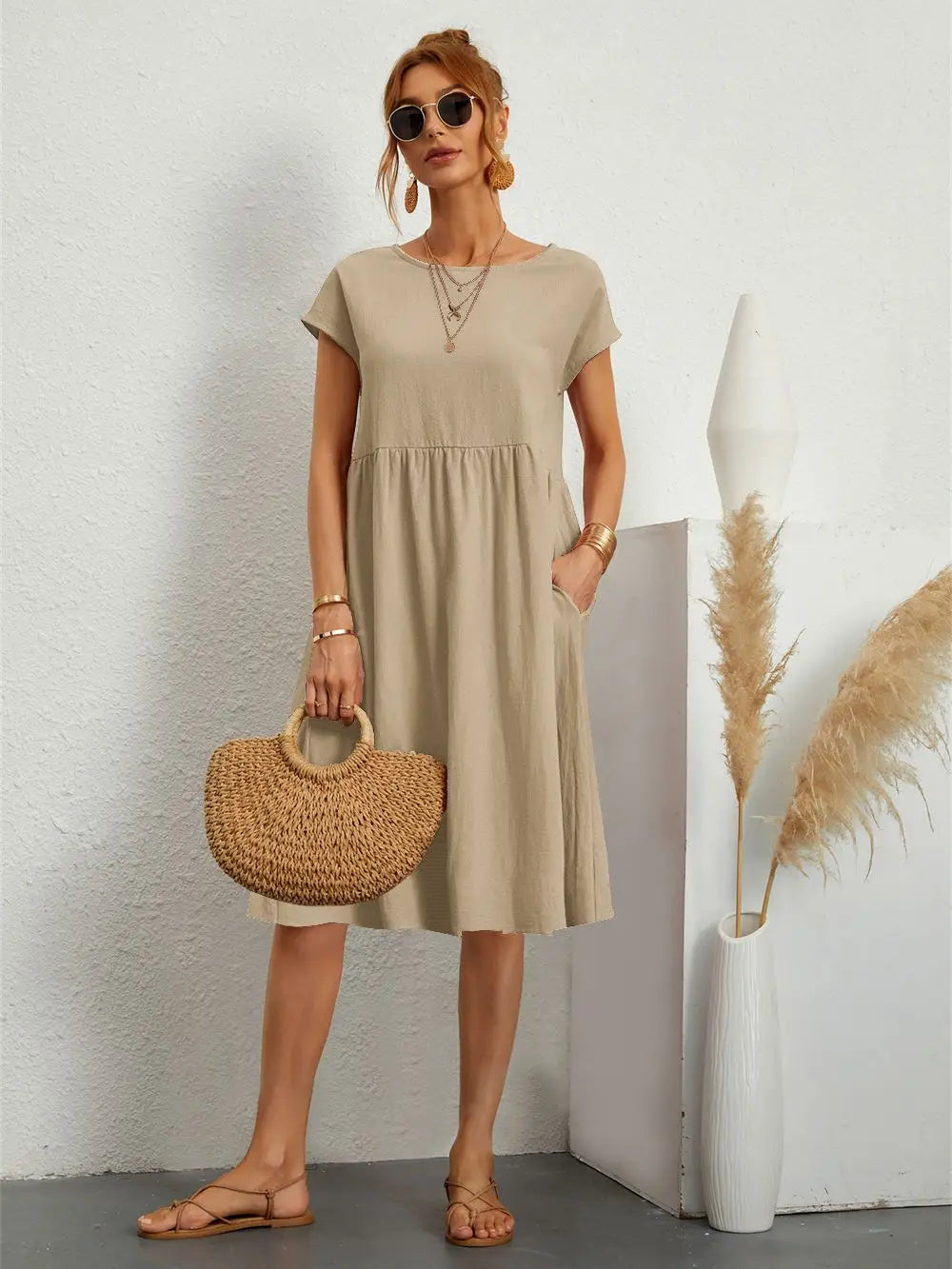 Clara | Women's A Line Midi Dress with Short Sleeves and Pockets