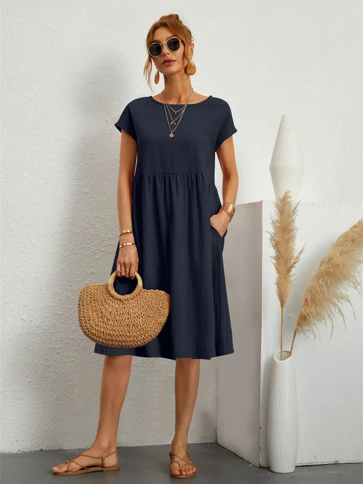 Clara | Women's A Line Midi Dress with Short Sleeves and Pockets