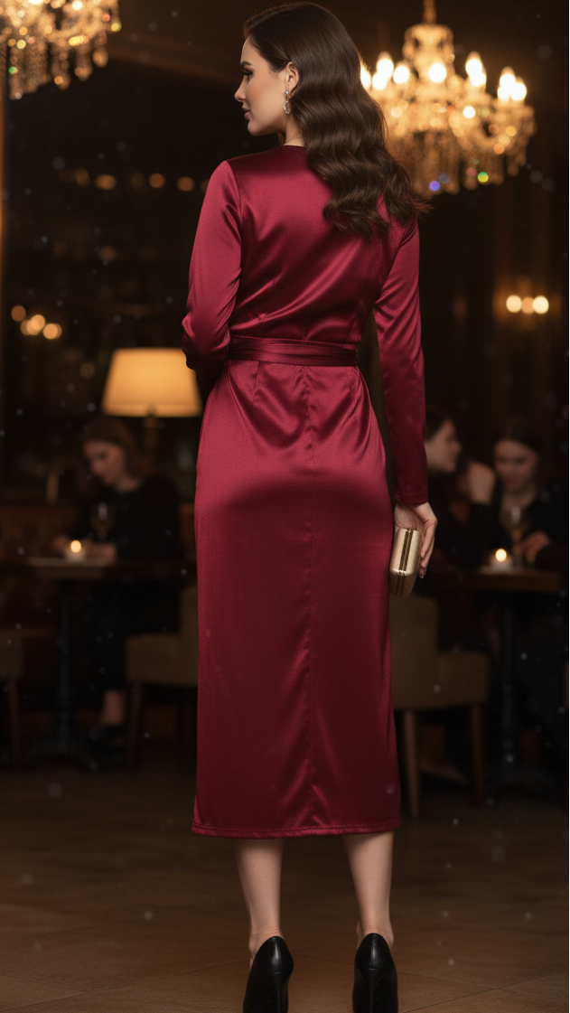 Juliette | Women's Satin Wrap Long Sleeve Midi Dress with Waist Tie