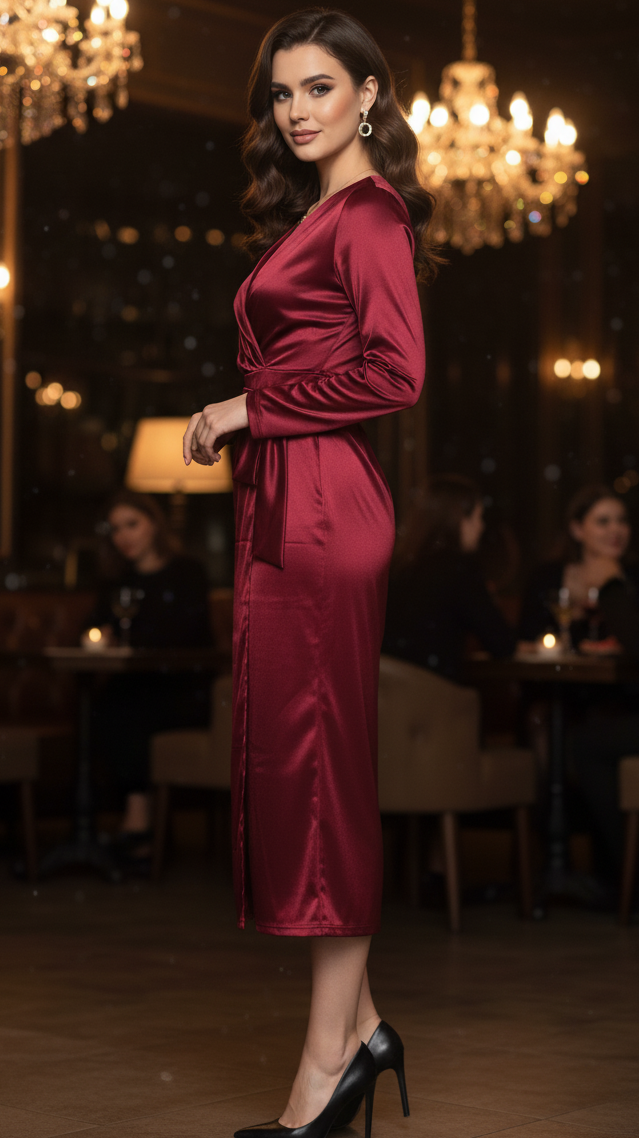 Juliette | Women's Satin Wrap Long Sleeve Midi Dress with Waist Tie