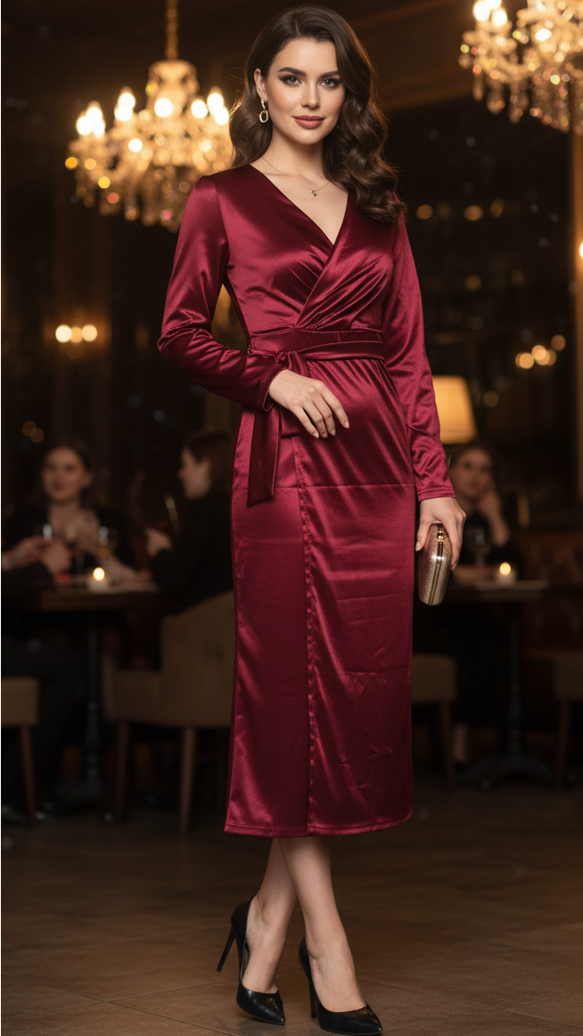 Juliette | Women's Satin Wrap Long Sleeve Midi Dress with Waist Tie