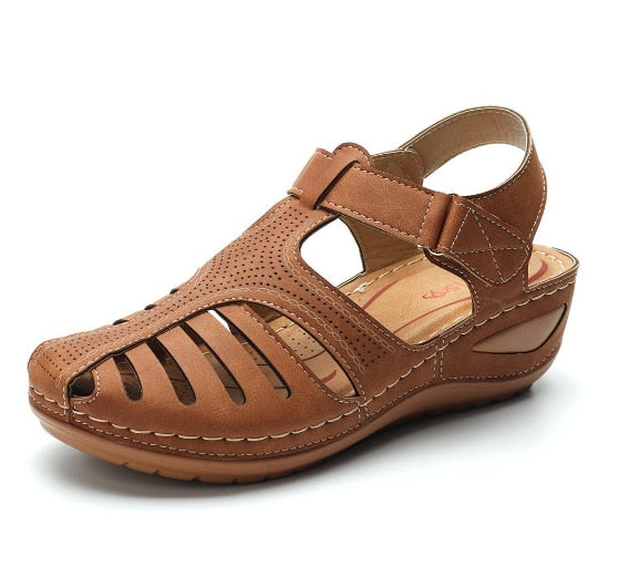 Isabelle | Women's Leather Closed Toe Hollow Out Wedge Sandals
