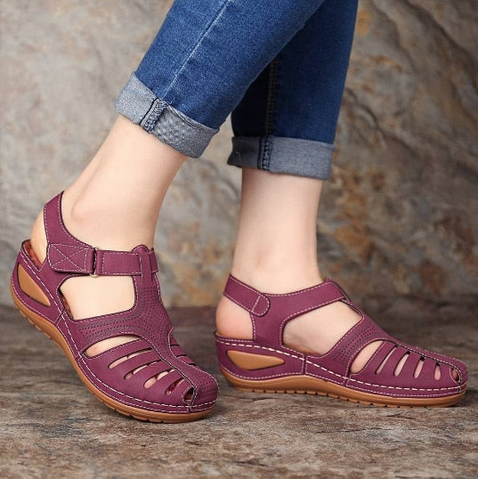 Isabelle | Women's Leather Closed Toe Hollow Out Wedge Sandals