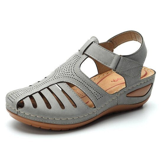 Isabelle | Women's Leather Closed Toe Hollow Out Wedge Sandals