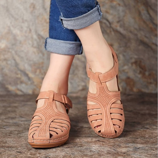 Isabelle | Women's Leather Closed Toe Hollow Out Wedge Sandals