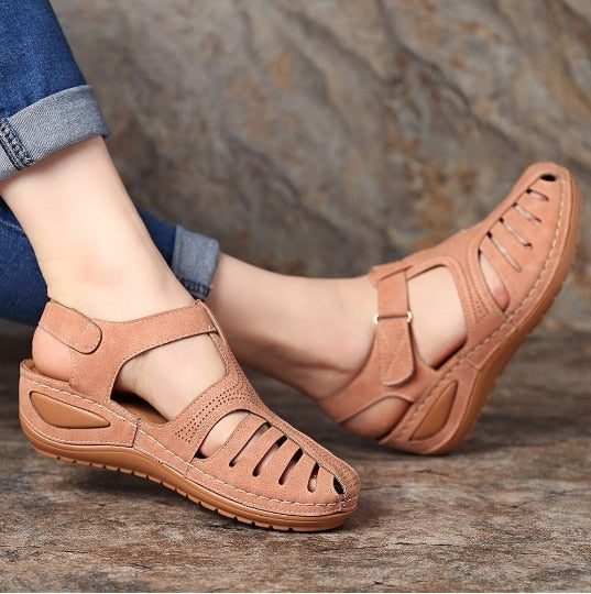 Isabelle | Women's Leather Closed Toe Hollow Out Wedge Sandals