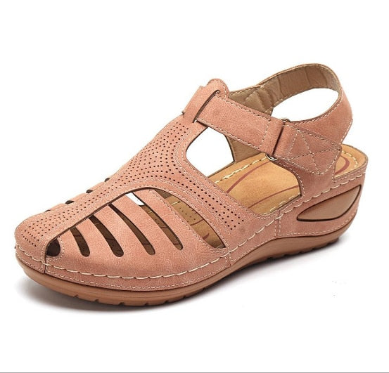 Isabelle | Women's Leather Closed Toe Hollow Out Wedge Sandals