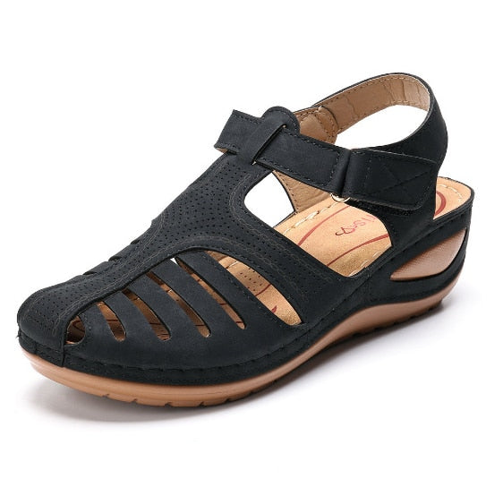 Isabelle | Women's Leather Closed Toe Hollow Out Wedge Sandals