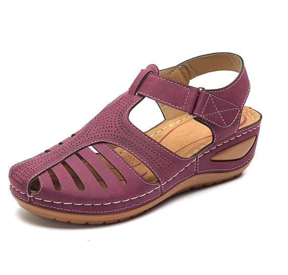 Isabelle | Women's Leather Closed Toe Hollow Out Wedge Sandals