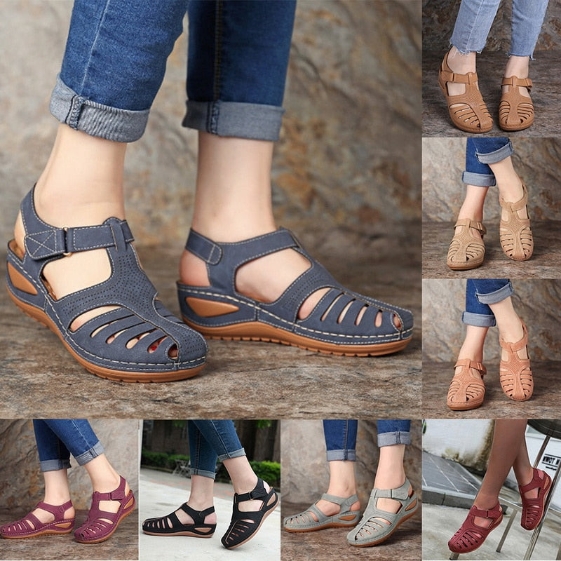 Isabelle | Women's Leather Closed Toe Hollow Out Wedge Sandals