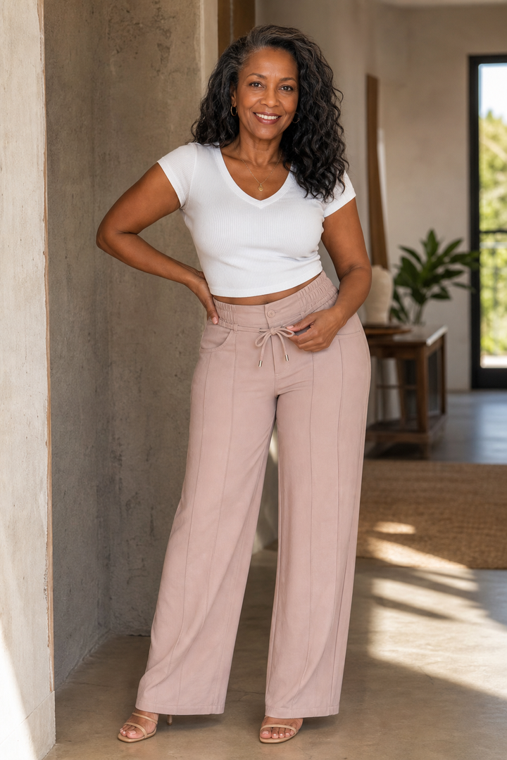 Camille | Women's High Waisted Wide Leg Linen Blend Trousers