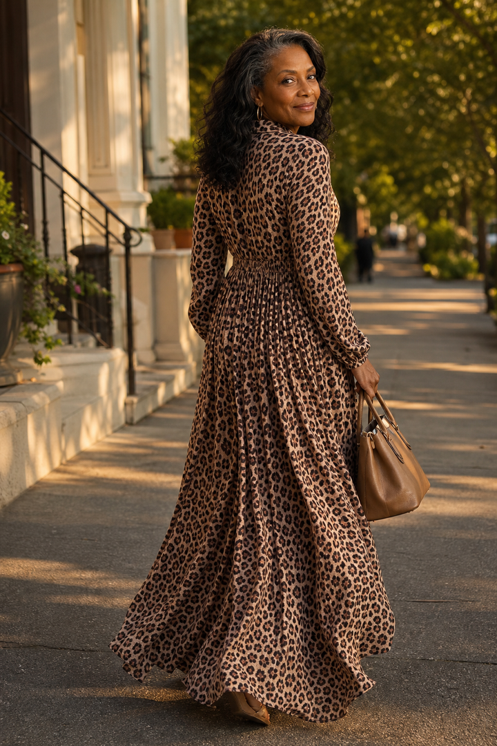 Elena | Women's Leopard Print Wrap Long Sleeve Maxi Dress
