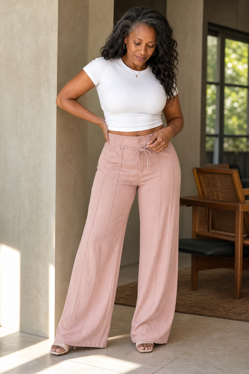 Camille | Women's High Waisted Wide Leg Linen Blend Trousers